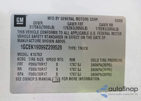 2009 Chevrolet Silverado 1500 Work Truck z USA, uszkodzony, nr VIN 1GCEK19099Z209528